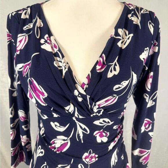 Ralph Lauren long sleeve navy & purple floral ruched side faux wrap dress size 4 - Picture 3 of 9